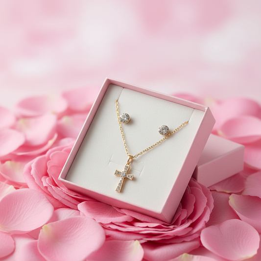 Crystal Cross Necklace & Stud Earring Set