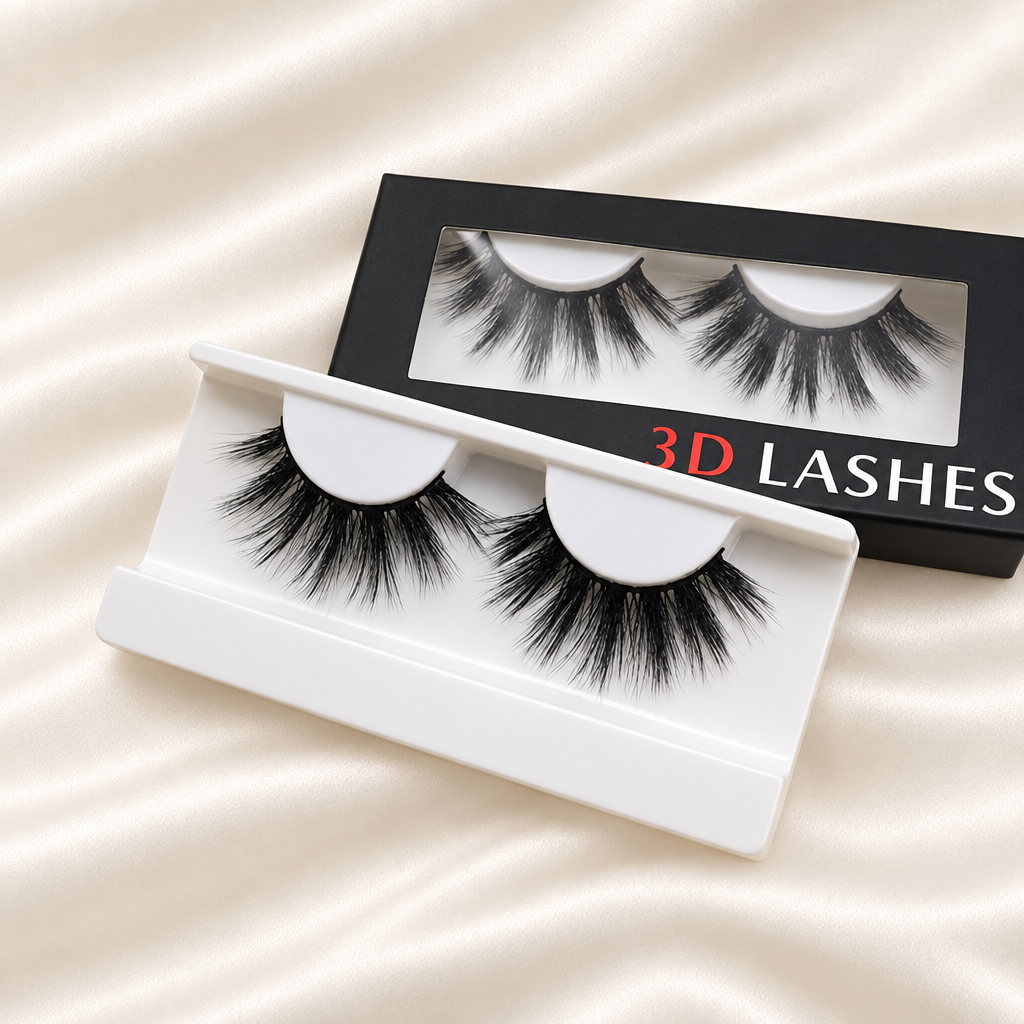 Cabrona faux lashes with black box and white tray on soft ivory satin